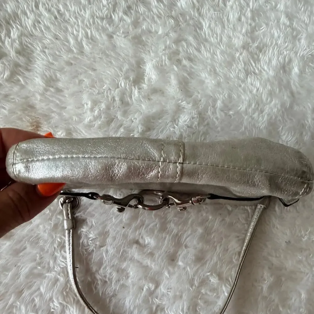 Coach Silver Metallic Leather Wristlet Clutch Pouch Horsebit Accent